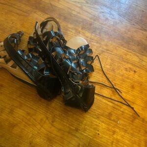 Black Ruffle Lace-Up Sandals